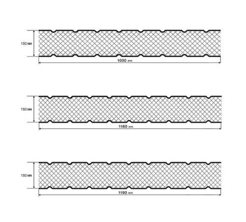 Сэндвич панели без замков с минеральной ватой, ширина 1000 мм, толщина 150 мм, 0.5/0.5, RAL5002