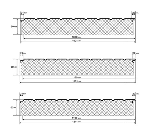 Сэндвич-панели двухслойные с минеральной ватой, ширина 1200 мм, толщина 60 мм, 0.5, RAL3020