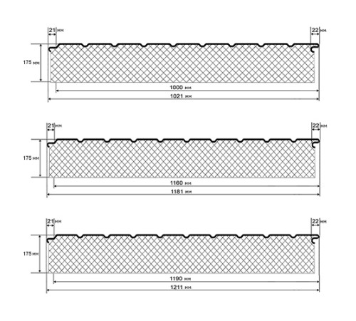 Сэндвич-панели двухслойные с пенополистиролом, ширина 1200 мм, толщина 175 мм, 0.5, RAL7047