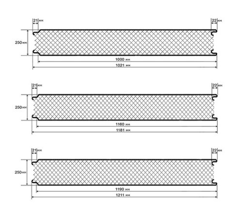 Сэндвич панели гладкие с пенополистиролом, ширина 1000 мм, толщина 250 мм, 0.5/0.5, RAL5005