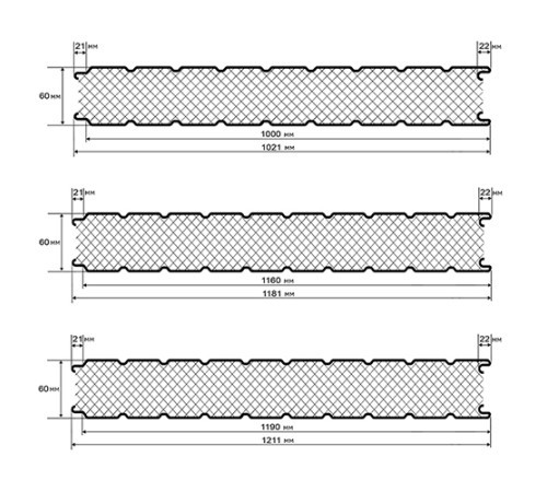 Сэндвич-панель для холодильных камер с минеральной ватой, ширина 1200 мм, толщина 60 мм, 0.5/0.5, RAL7004