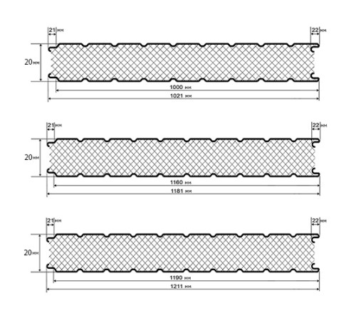 Нержавеющие сэндвич панели стеновые с пенополиуретаном, ширина 1000 мм, толщина 20 мм, 0.5/0.5, AISI 321
